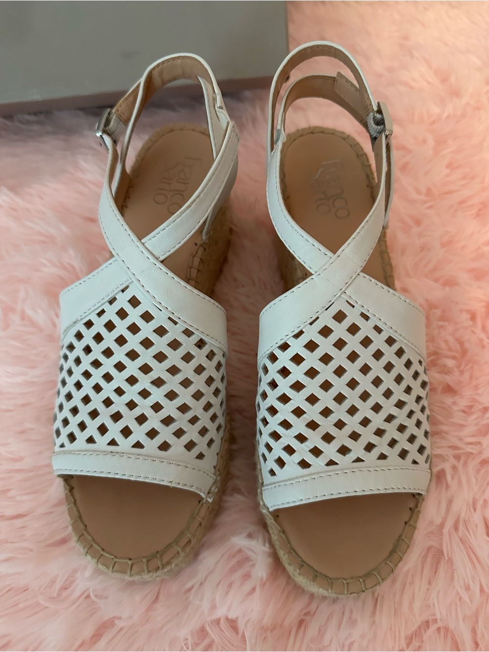 Franco Sarto White Perforated Espadrille Wedge Sandals with Ankle Strap - Picture 3 of 9